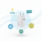 ERD 33W fast charger on modern desk charging a smartphone