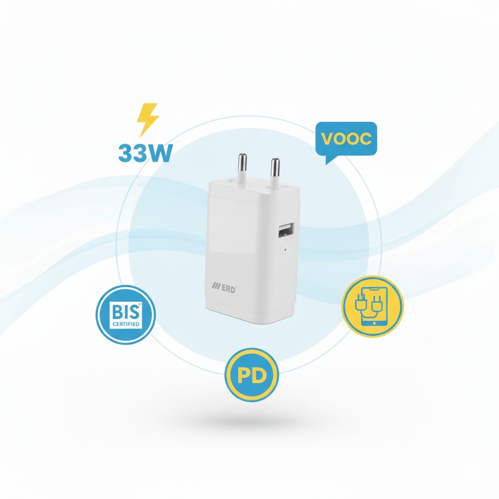 ERD 33W fast charger on modern desk charging a smartphone