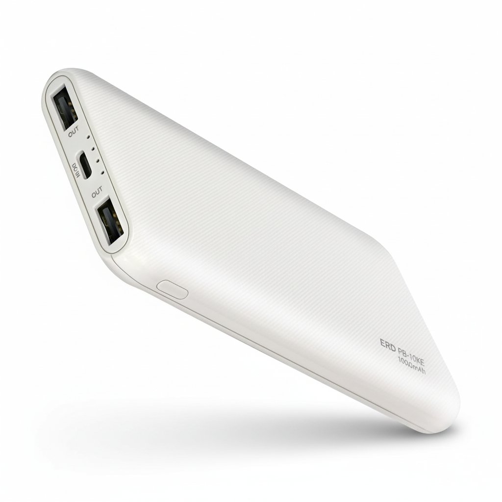 ERD PB-10KE 10000mAh Power Bank charging smartphone, smartwatch and earbuds.