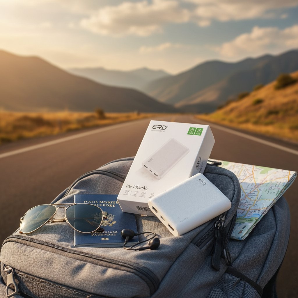 ERD PB-10KE 10000mAh Power Bank with retail box in a travel outdoor setting on backpack.