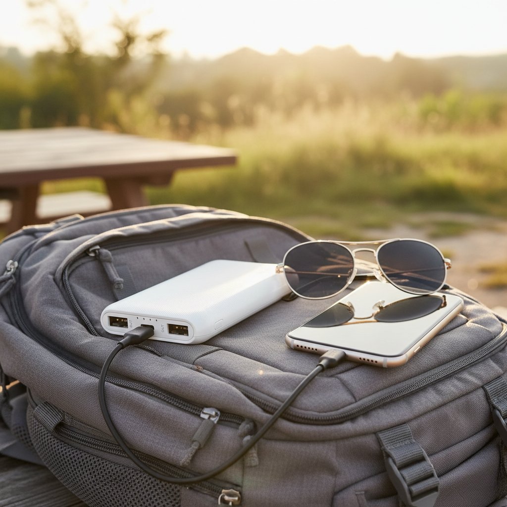ERD PB-10KE 10000mAh Power Bank charging a smartphone outdoors on a backpack.